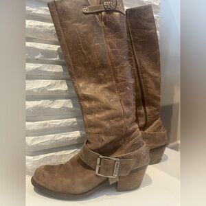 John Fluevog distressed cowboy boots with removable buckle, size 10W